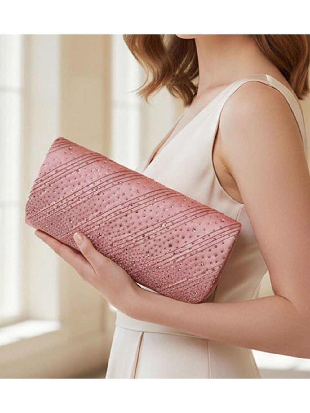 Tigerstars Rose Diagonal Line Detailed Bling Evening Clutch Crossbody Bag